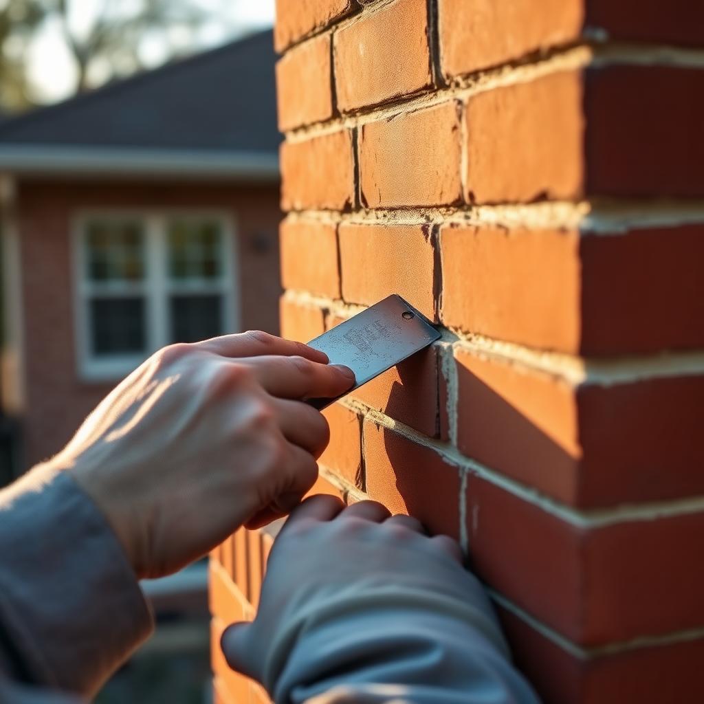 Mason tuckpointing a red brick chimney with fresh mortar