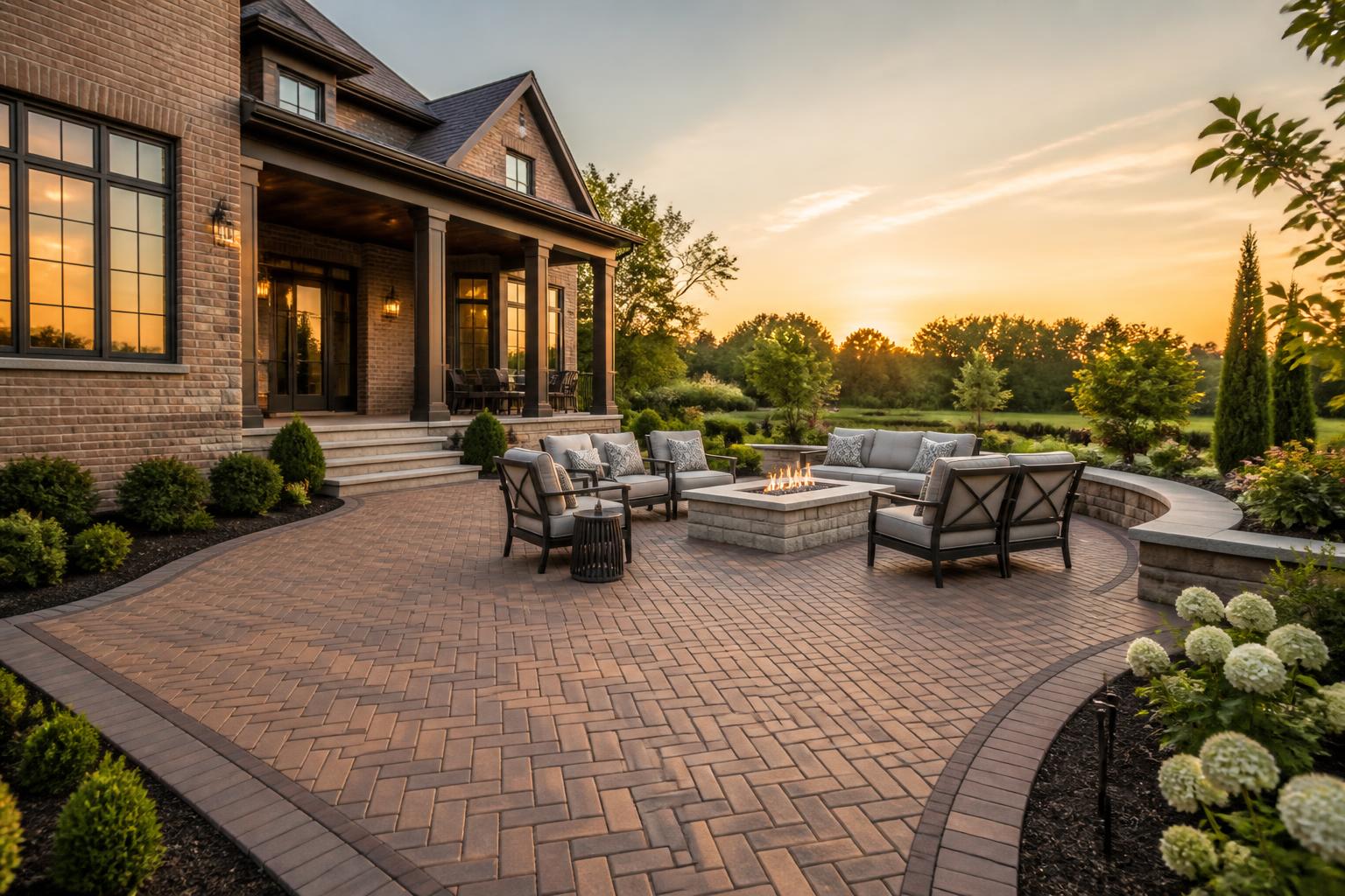 Luxury backyard brick paver patio in herringbone pattern with soldier-course border
