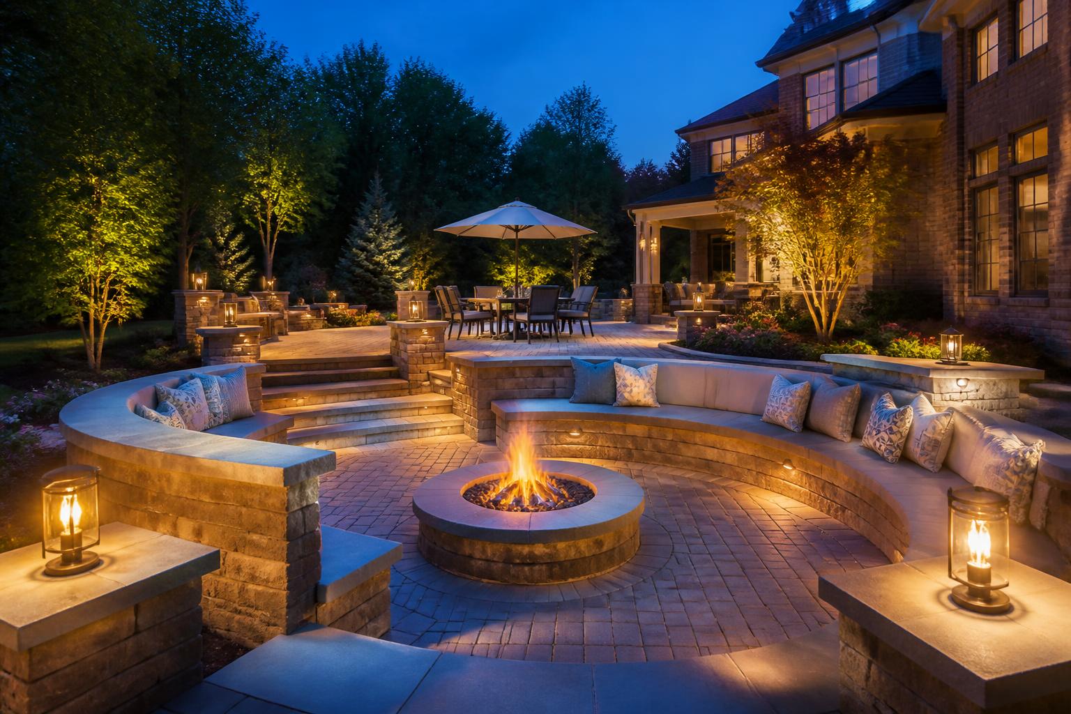 Multi-level brick paver patio with stone fire pit, seat walls, and evening landscape lighting