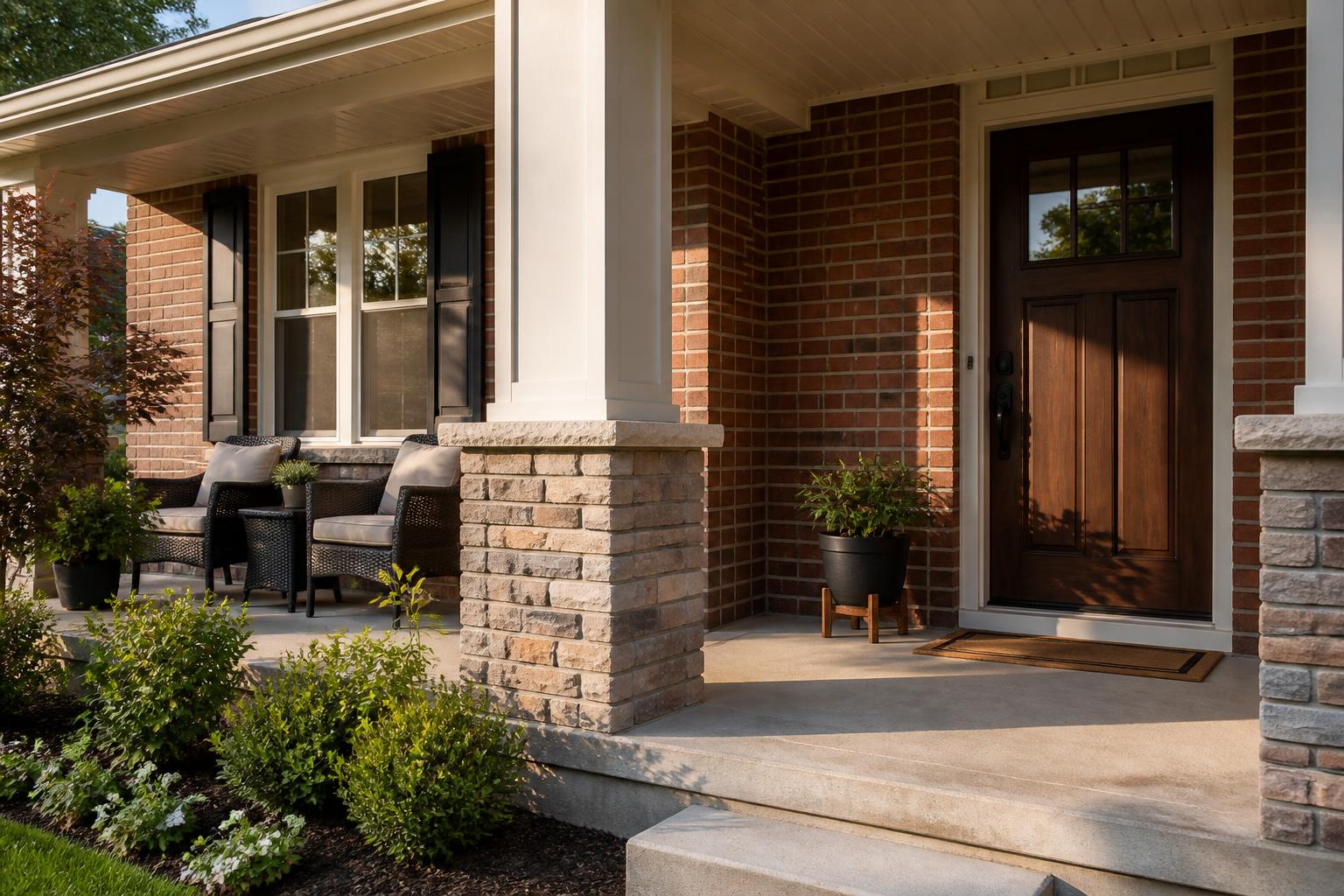 Brick ranch front porch with cultured stone column base and limestone cap