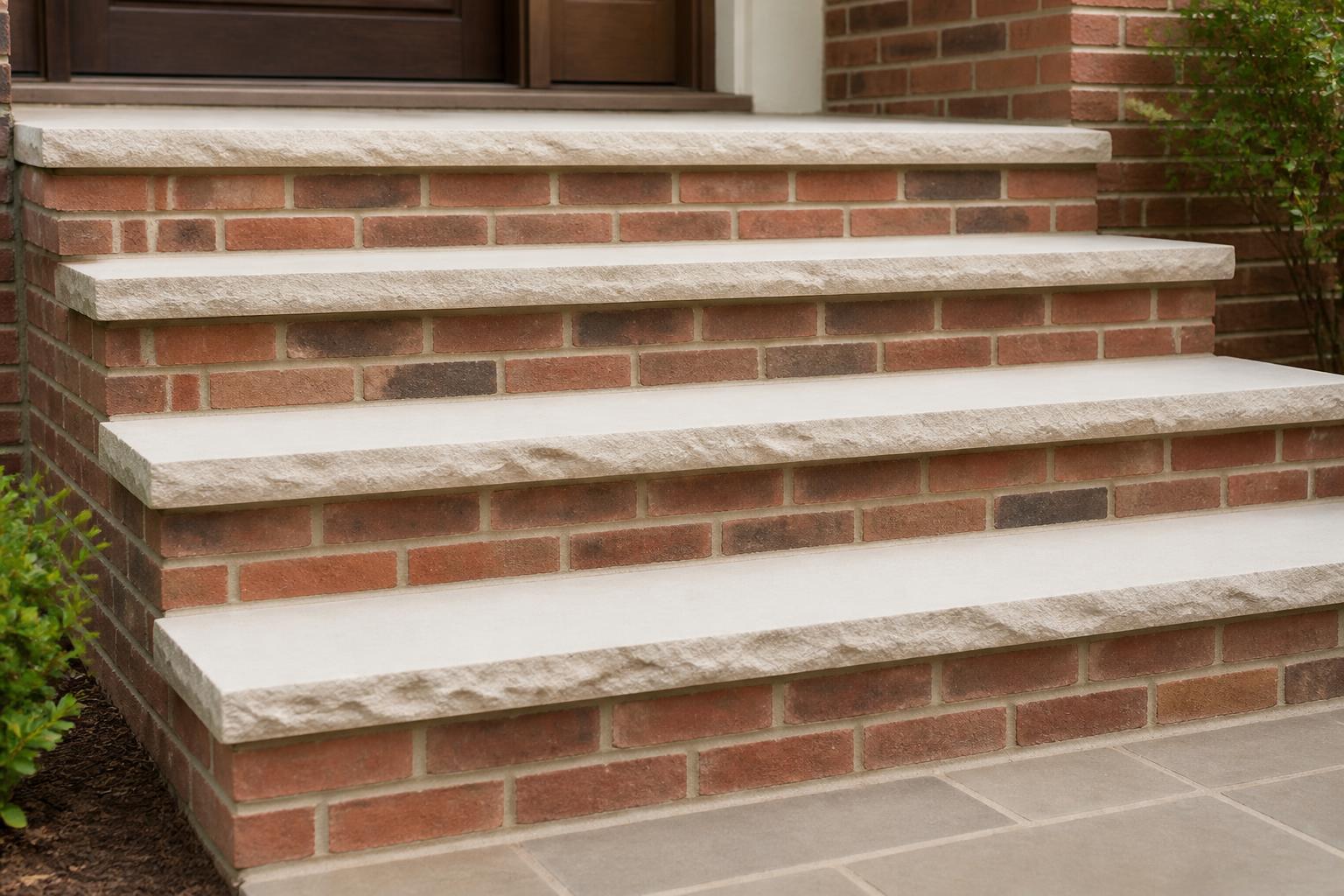 Freshly rebuilt brick front steps with hand-cut limestone treads